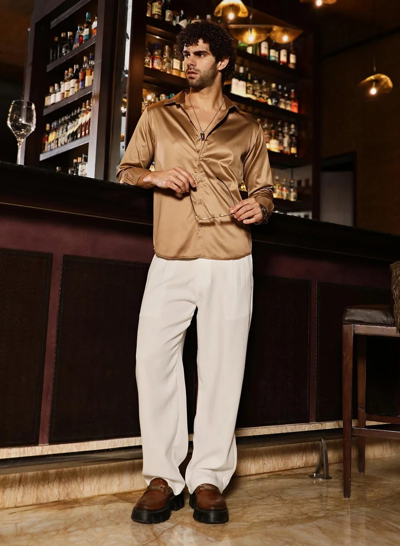 كامبوس سوترا Men's Sand Beige Solid Satin Shirt