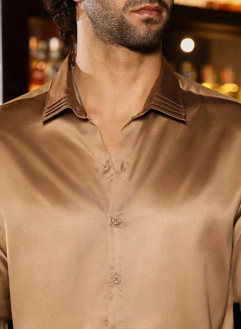 كامبوس سوترا Men's Sand Beige Solid Satin Shirt
