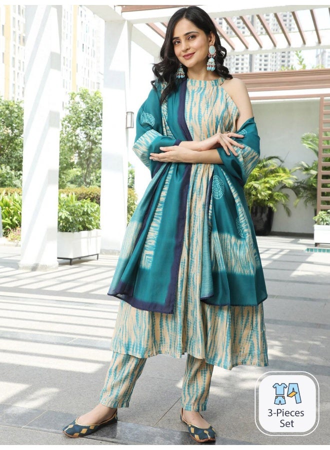 AKS Couture Abstract Printed Halter Neck Regular Kurta with Trousers & With Dupatta - Image 1