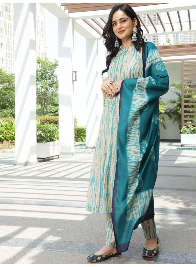 AKS Couture Abstract Printed Halter Neck Regular Kurta with Trousers & With Dupatta - Image 4