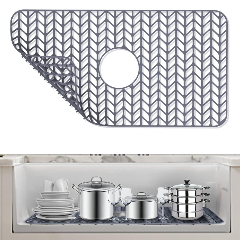 AWOKE Sink Protectors for Kitchen Sink - 26"x 14" Sink Mat - Heat-resistant Easy-clean Silicone Sink Mat - for Protection of Stainless Steel Sink - with Center Drain (Grey),Kitchen Sink Accessories - Image 1