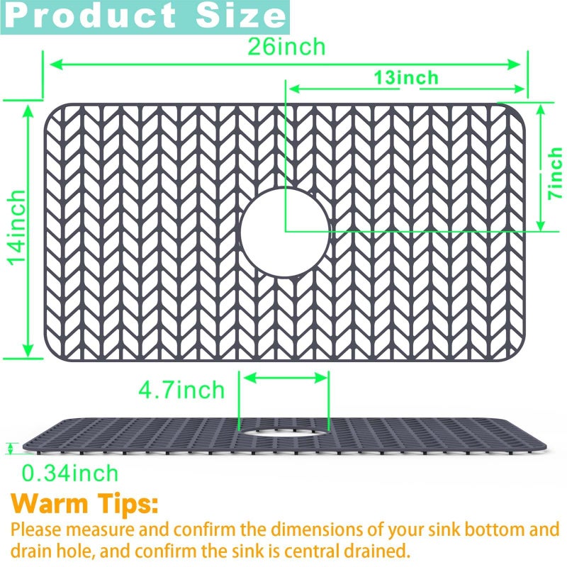 AWOKE Sink Protectors for Kitchen Sink - 26"x 14" Sink Mat - Heat-resistant Easy-clean Silicone Sink Mat - for Protection of Stainless Steel Sink - with Center Drain (Grey),Kitchen Sink Accessories - Image 2