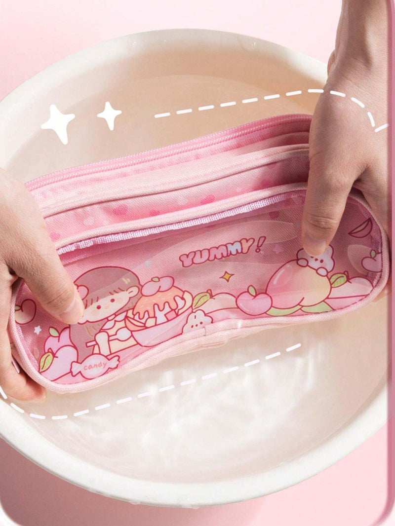 Parshya Canvas Large Capacity Transparent Cartoon Print Pencil Case 3 Compartment Cute Aesthetic Pencil Case for Girls Multifunctional Stationery Organizer for School Office(Keychain Not Included) - Image 3
