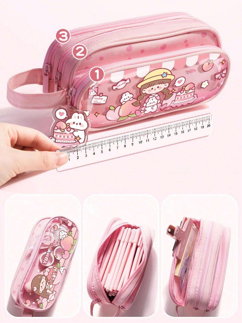 Parshya Canvas Large Capacity Transparent Cartoon Print Pencil Case 3 Compartment Cute Aesthetic Pencil Case for Girls Multifunctional Stationery Organizer for School Office(Keychain Not Included) - Image 2
