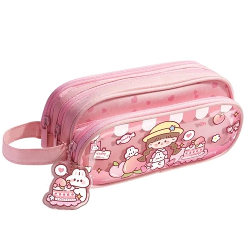 Parshya Canvas Large Capacity Transparent Cartoon Print Pencil Case 3 Compartment Cute Aesthetic Pencil Case for Girls Multifunctional Stationery Organizer for School Office(Keychain Not Included) - Image 1
