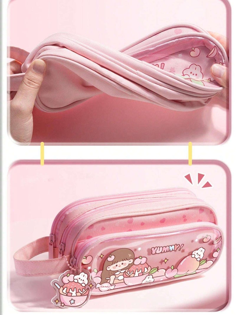 Parshya Canvas Large Capacity Transparent Cartoon Print Pencil Case 3 Compartment Cute Aesthetic Pencil Case for Girls Multifunctional Stationery Organizer for School Office(Keychain Not Included) - Image 5