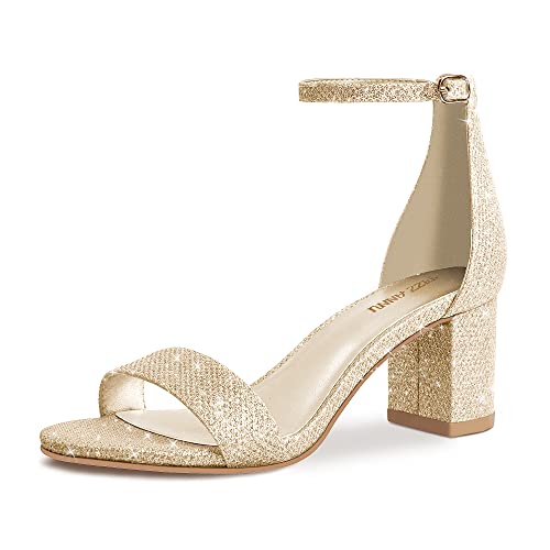 PIZZ ANNU Women's Low Block Heels 2 Inch Sandals Chunky Open Toe Ankle Strap Wedding Dress Pump Shoes For Women Brides Ladies, Gold Glitter 8 - Image 1