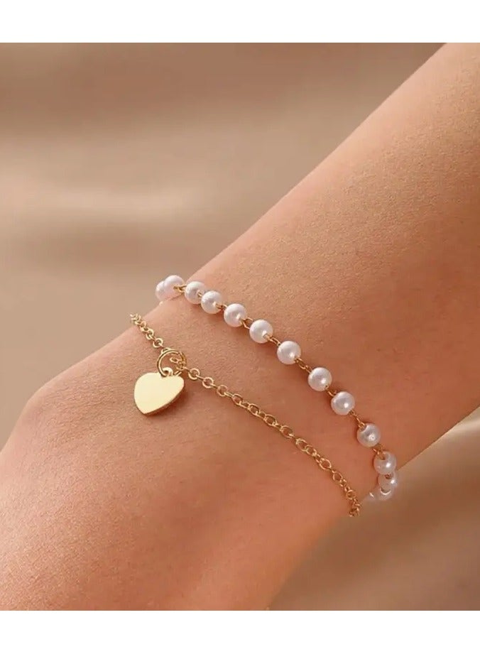 Goolsky Elegant Double-Strand Heart Charm Bracelet with Faux Pearls - 18K Golden Plated Alloy, Ideal for Couples & Versatile Party Accessory, Perfect Christmas Gift, Fashion Gift|Heart Motif Bracelet|Faux Pearl Detailing  - Image 2