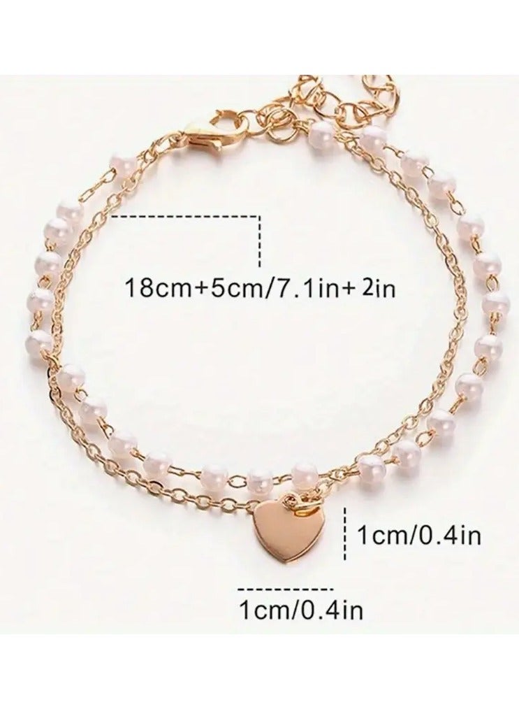 Goolsky Elegant Double-Strand Heart Charm Bracelet with Faux Pearls - 18K Golden Plated Alloy, Ideal for Couples & Versatile Party Accessory, Perfect Christmas Gift, Fashion Gift|Heart Motif Bracelet|Faux Pearl Detailing  - Image 3