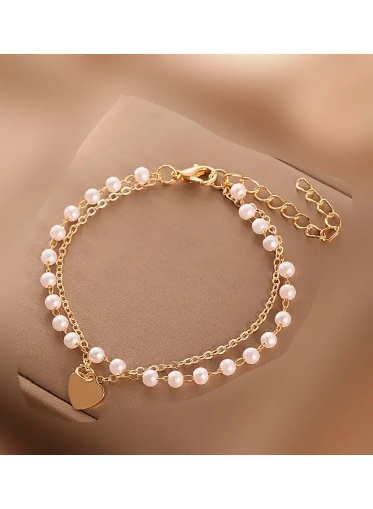 Goolsky Elegant Double-Strand Heart Charm Bracelet with Faux Pearls - 18K Golden Plated Alloy, Ideal for Couples & Versatile Party Accessory, Perfect Christmas Gift, Fashion Gift|Heart Motif Bracelet|Faux Pearl Detailing  - Image 1