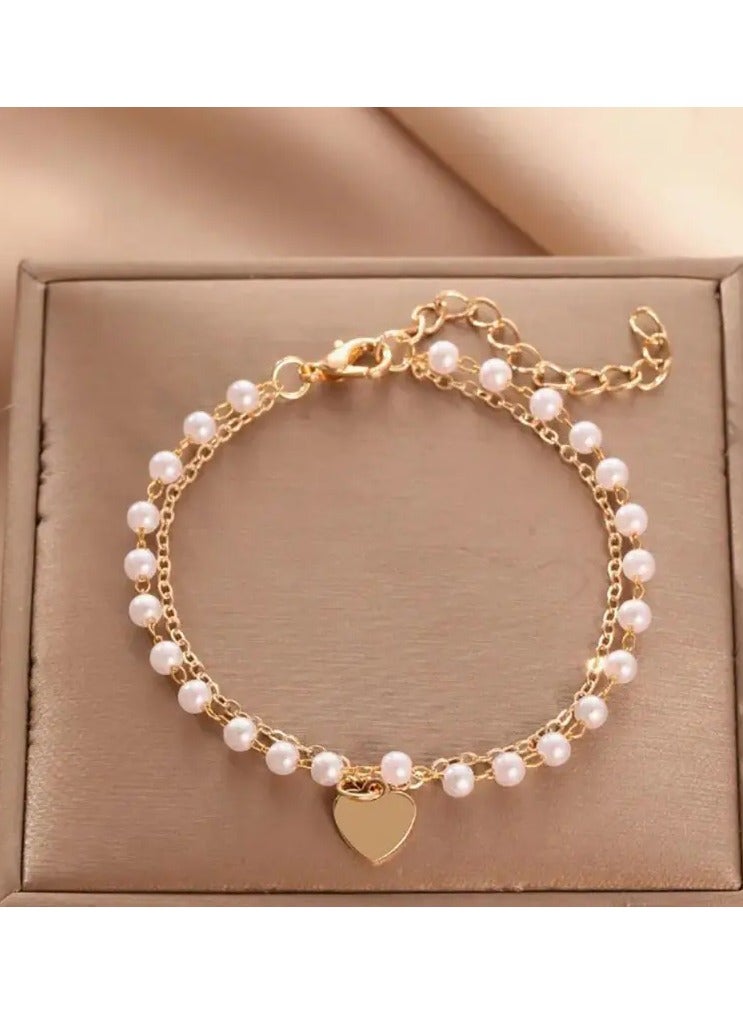 Goolsky Elegant Double-Strand Heart Charm Bracelet with Faux Pearls - 18K Golden Plated Alloy, Ideal for Couples & Versatile Party Accessory, Perfect Christmas Gift, Fashion Gift|Heart Motif Bracelet|Faux Pearl Detailing  - Image 4