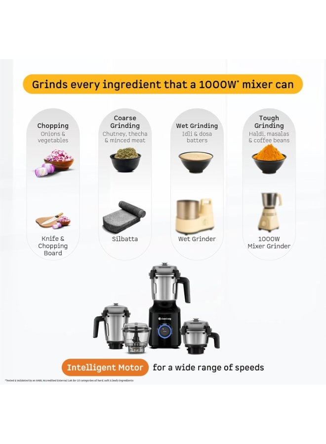 Atomberg Zenova Mixer Grinder | Unique Coarse Mode for Silbatta-like Texture | Intelligent BLDC Motor | Safety Features | 4 Jars including Chopper | Hands-Free Operation (Black) - Image 2