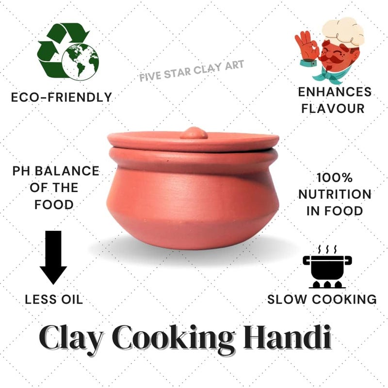 ThinKraft | Polished Terracotta Clay Pot With Lid For Cooking On Gas, Pot Bowl | Mitti Handi, 1 Liter, Earthenware, Brown (1000 ML) - Image 2