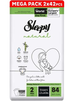 Sleepy Natural Size 2, Newborn, 84 Count, 3-6Kg Hypoallergenic Baby Dry Diapers, Organic Cotton, Highly Absorbent, Bamboo Extract, 2 X 42 Ultimate Comfort And Dryness, 100% Leakage Protection  - Image 1