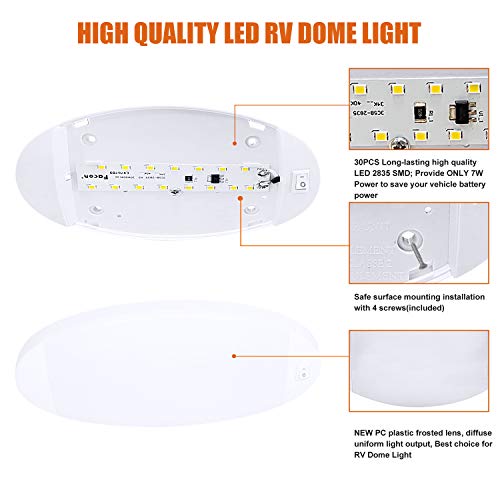 Facon 12V LED RV Dome Light, Length: 9-1/4'', DDS01-608-CW, Large Oval Pancake Light, 12Volt Interior Ceiling Dome Light with On/Off Switch, for RV Motorhomes Camper Caravan Trailer Boat - Image 3