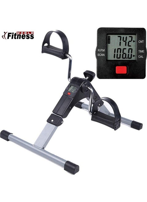 A small portable exercise bike, equipped with a digital monitor screen and pedals for leg and arm exercises, a small size that enables you to place it under the table and exercise while sitting to str