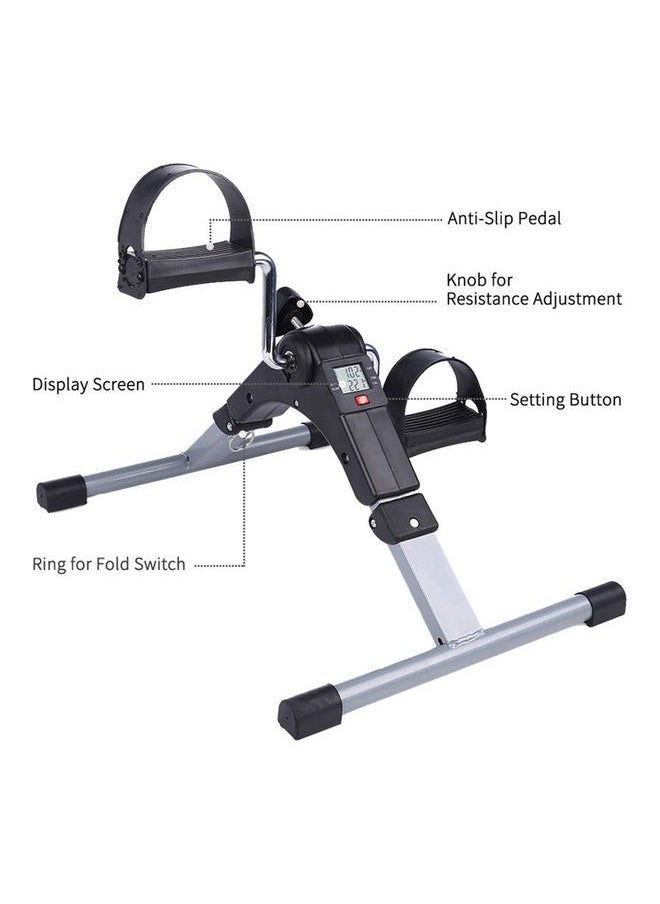 A small portable exercise bike, equipped with a digital monitor screen and pedals for leg and arm exercises, a small size that enables you to place it under the table and exercise while sitting to str