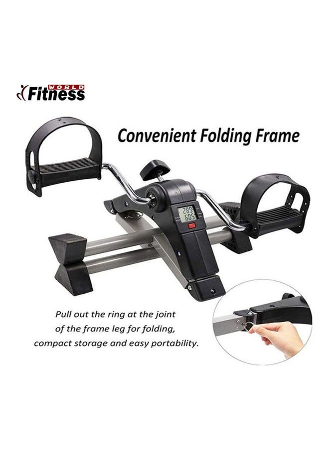 A small portable exercise bike, equipped with a digital monitor screen and pedals for leg and arm exercises, a small size that enables you to place it under the table and exercise while sitting to str