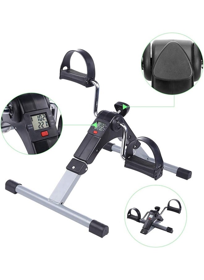 A small portable exercise bike, equipped with a digital monitor screen and pedals for leg and arm exercises, a small size that enables you to place it under the table and exercise while sitting to str