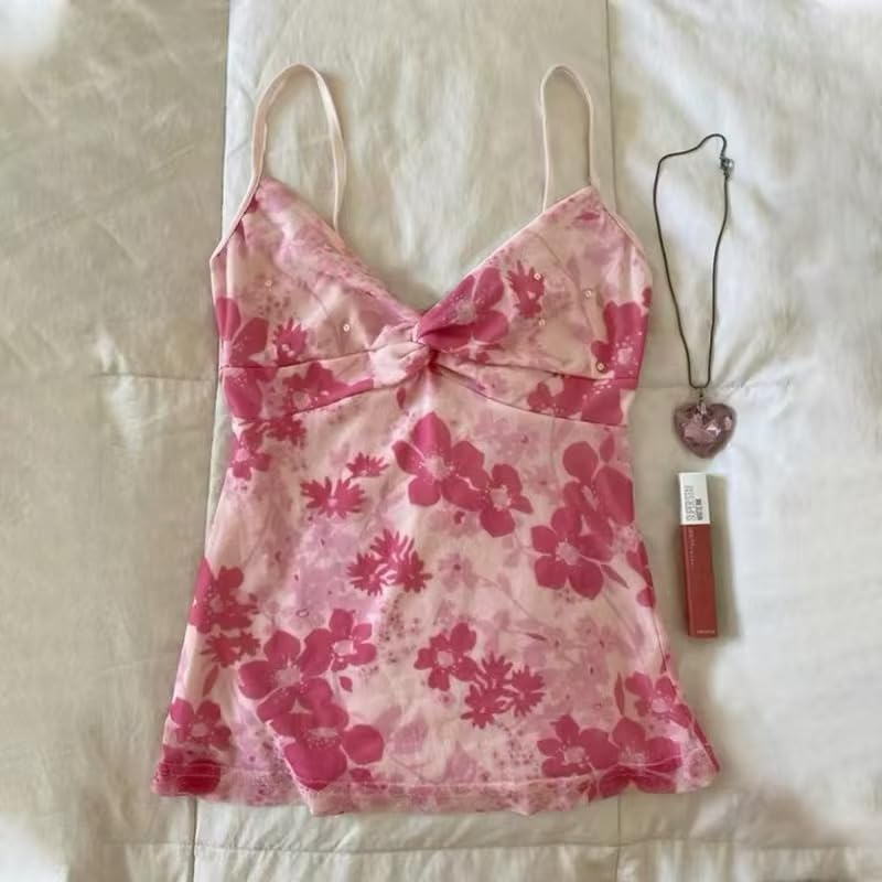 MANGMAO Emo Coquette Cropped Top Grunge 2000s Spaghetti Strap Tops Streetwear Vintage Camisole Y2k Cheetah Tops (Hot Pink Flower,S,Small) - Image 3