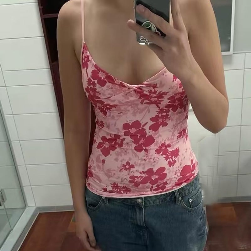 MANGMAO Emo Coquette Cropped Top Grunge 2000s Spaghetti Strap Tops Streetwear Vintage Camisole Y2k Cheetah Tops (Hot Pink Flower,S,Small) - Image 5