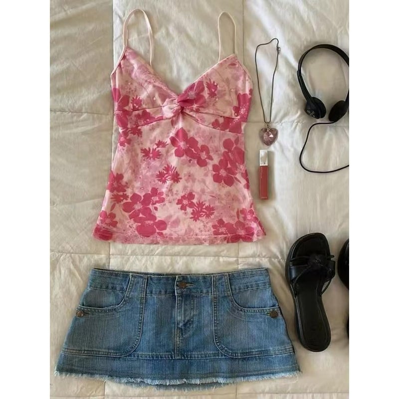 MANGMAO Emo Coquette Cropped Top Grunge 2000s Spaghetti Strap Tops Streetwear Vintage Camisole Y2k Cheetah Tops (Hot Pink Flower,S,Small) - Image 4