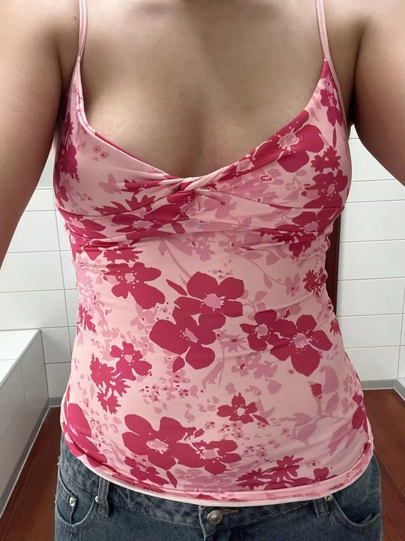 MANGMAO Emo Coquette Cropped Top Grunge 2000s Spaghetti Strap Tops Streetwear Vintage Camisole Y2k Cheetah Tops (Hot Pink Flower,S,Small) - Image 2