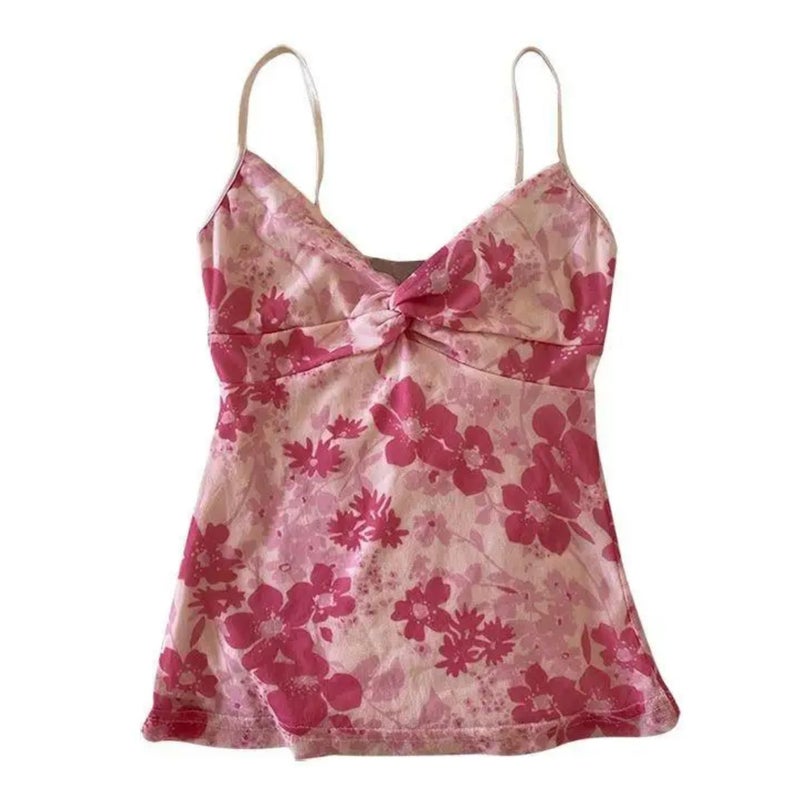 MANGMAO Emo Coquette Cropped Top Grunge 2000s Spaghetti Strap Tops Streetwear Vintage Camisole Y2k Cheetah Tops (Hot Pink Flower,S,Small) - Image 1