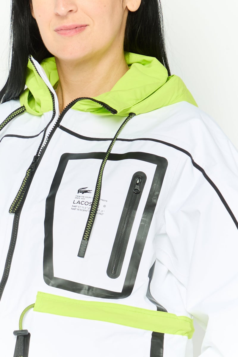 LACOSTE Women Brand Logo Hooded Jacket, White Combo - Image 4