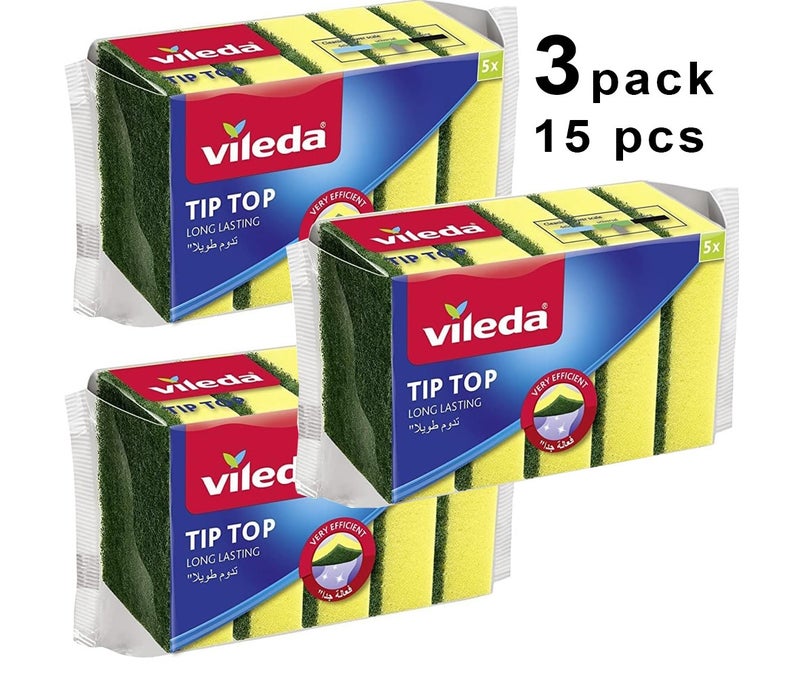 Vileda Tip Top Dishwashing Sponge Scourer Pack of 3 (15 Pieces) – Dual Layer Kitchen Cleaning Sponge, Heavy Duty Scrubber, Non-Scratch Dish Sponge - Image 1