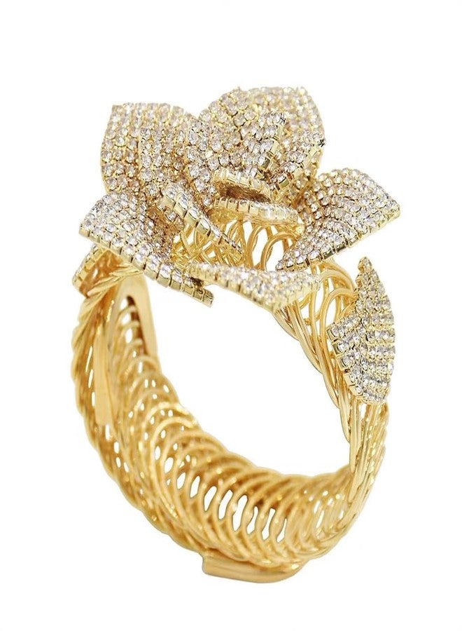 Cykdohy Luxury Rhinestone Rose Flower Statement Bangle Bracelet for Women Big Exaggerated Sparkling Crystal Elastic Cuff Bracelets Adjustable Stretch Cubic Zirconia Floral Cocktail Prom Party Wedding Bridal Jewelry (Gold) - Image 1