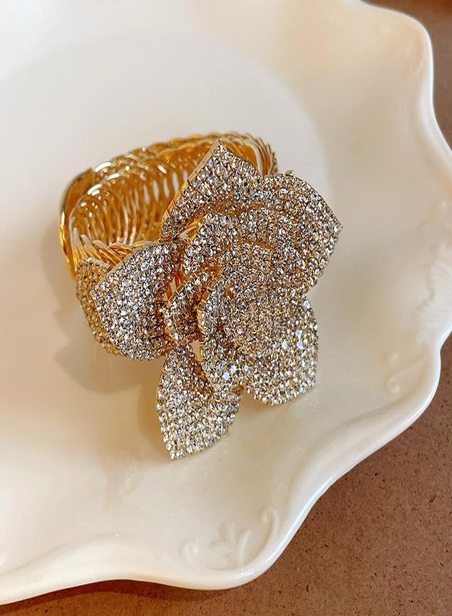 Cykdohy Luxury Rhinestone Rose Flower Statement Bangle Bracelet for Women Big Exaggerated Sparkling Crystal Elastic Cuff Bracelets Adjustable Stretch Cubic Zirconia Floral Cocktail Prom Party Wedding Bridal Jewelry (Gold) - Image 2