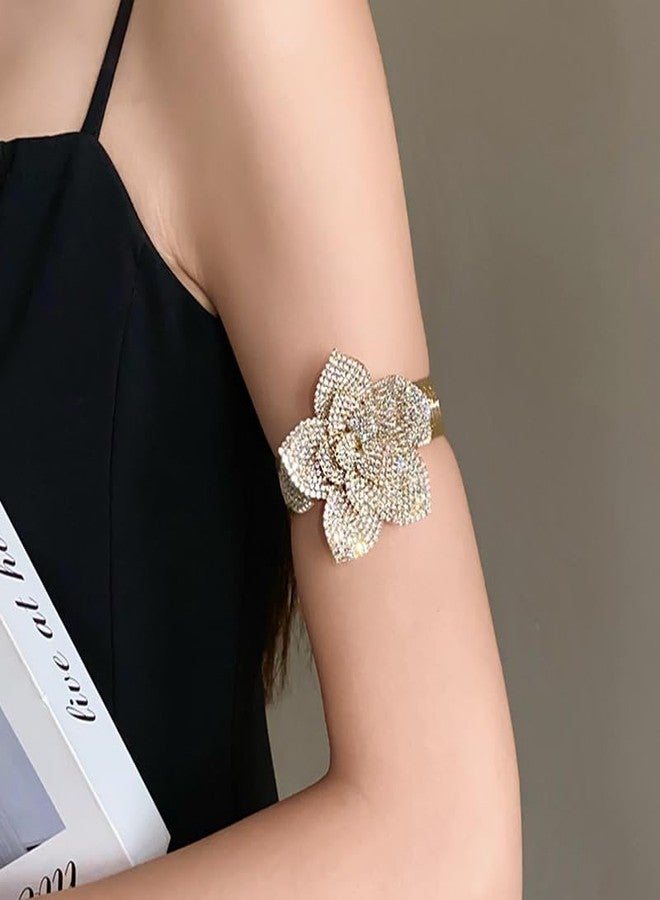 Cykdohy Luxury Rhinestone Rose Flower Statement Bangle Bracelet for Women Big Exaggerated Sparkling Crystal Elastic Cuff Bracelets Adjustable Stretch Cubic Zirconia Floral Cocktail Prom Party Wedding Bridal Jewelry (Gold) - Image 5