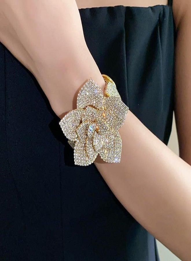 Cykdohy Luxury Rhinestone Rose Flower Statement Bangle Bracelet for Women Big Exaggerated Sparkling Crystal Elastic Cuff Bracelets Adjustable Stretch Cubic Zirconia Floral Cocktail Prom Party Wedding Bridal Jewelry (Gold) - Image 3