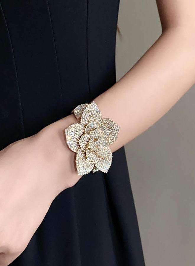 Cykdohy Luxury Rhinestone Rose Flower Statement Bangle Bracelet for Women Big Exaggerated Sparkling Crystal Elastic Cuff Bracelets Adjustable Stretch Cubic Zirconia Floral Cocktail Prom Party Wedding Bridal Jewelry (Gold) - Image 4