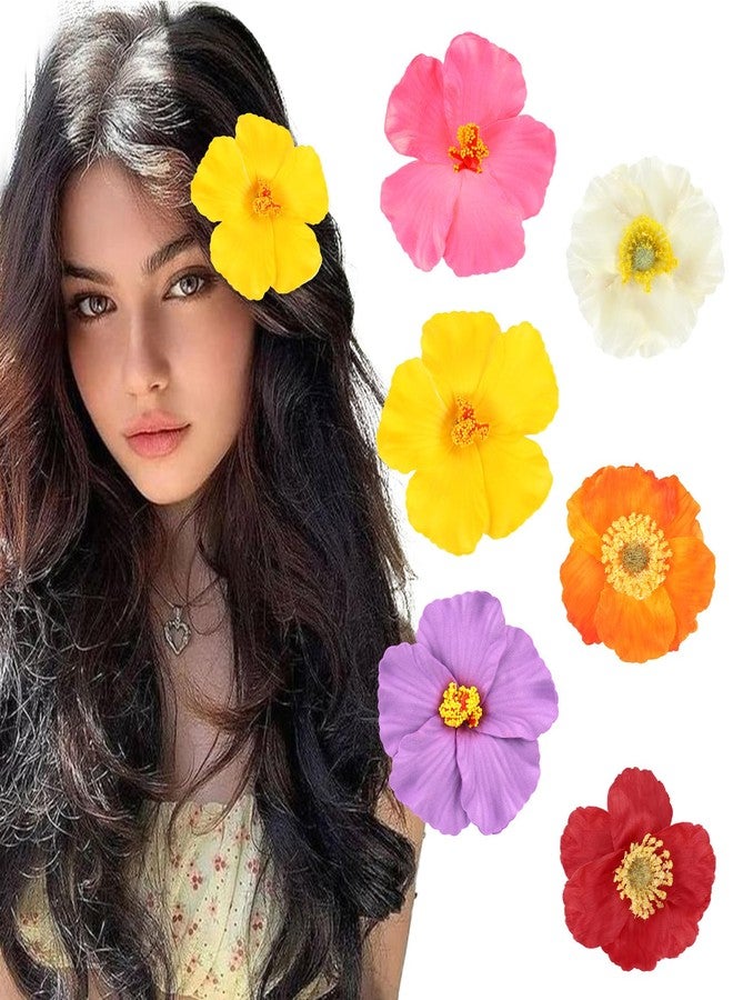 ANBALA 6Pcs Artificial Hibiscus Flower Hair Clips, Hawaiian Flower Hair Clips for Women, Bohemian Tropical Hairpin for Wedding, Vacation, Beach, Party - Image 1