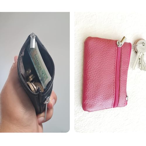 Hibate Brown Small Leather Coin Purse Change Pouch for Women Men Kids with Zip Key Ring - Image 4