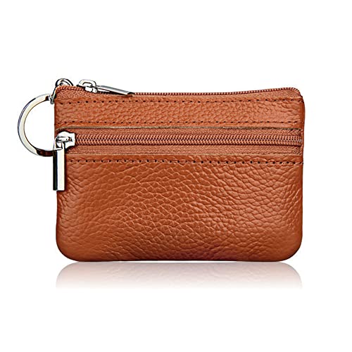 Hibate Brown Small Leather Coin Purse Change Pouch for Women Men Kids with Zip Key Ring - Image 1