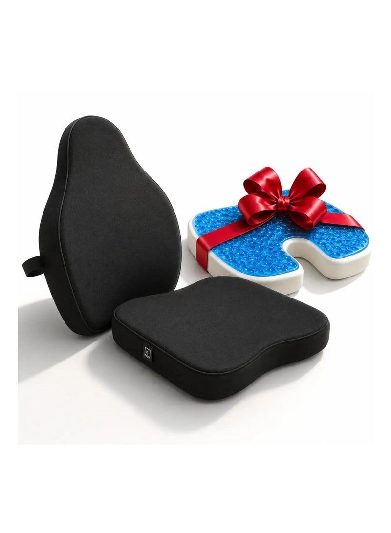 Seat cushion and lumbar support pillow with adjustable straps, comfortable memory foam back support cushion for office, home, and car, with a free gift of a sitting gel.