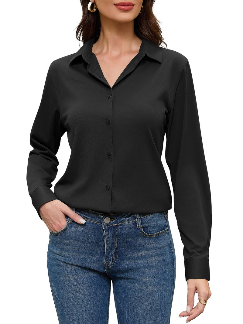 COUXILY Black Dressy Shirts for Womens Blouse Dress Shirt Casual Work Tops Long Sleeve Slim Fit Collar Button Up Down Formal Women's Collared Top Dresses Silk Blouses Business Black Size M - Image 2