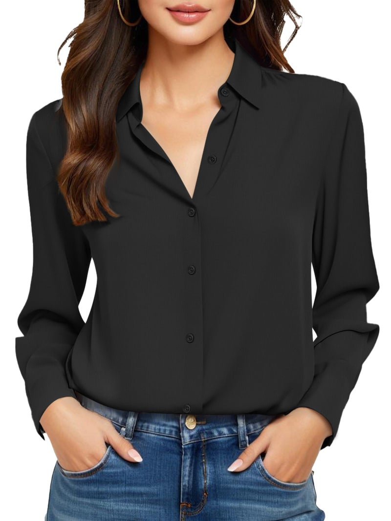 COUXILY Black Dressy Shirts for Womens Blouse Dress Shirt Casual Work Tops Long Sleeve Slim Fit Collar Button Up Down Formal Women's Collared Top Dresses Silk Blouses Business Black Size M - Image 1