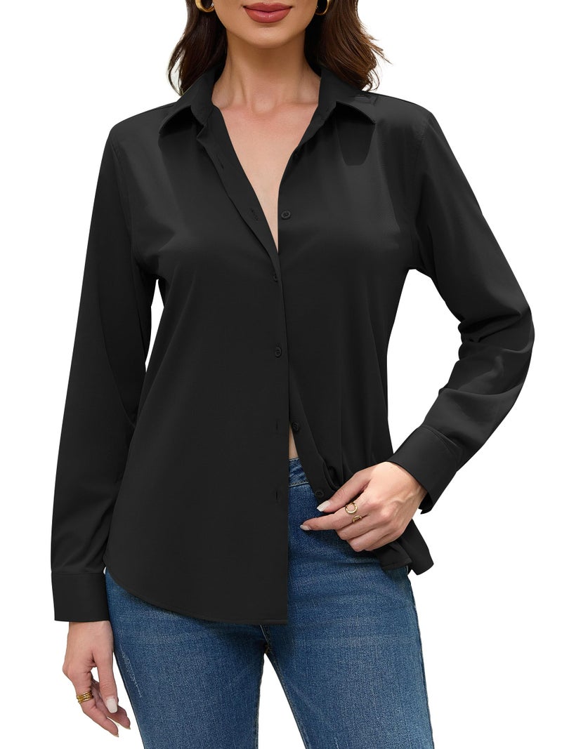 COUXILY Black Dressy Shirts for Womens Blouse Dress Shirt Casual Work Tops Long Sleeve Slim Fit Collar Button Up Down Formal Women's Collared Top Dresses Silk Blouses Business Black Size M - Image 4