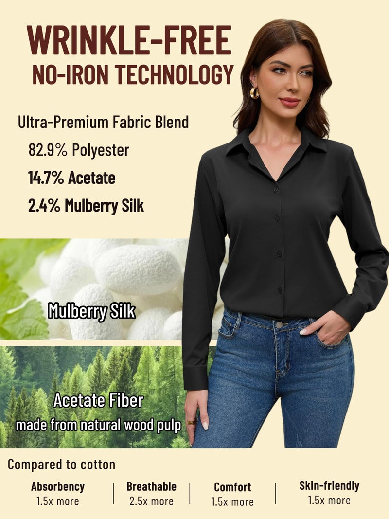 COUXILY Black Dressy Shirts for Womens Blouse Dress Shirt Casual Work Tops Long Sleeve Slim Fit Collar Button Up Down Formal Women's Collared Top Dresses Silk Blouses Business Black Size M - Image 3