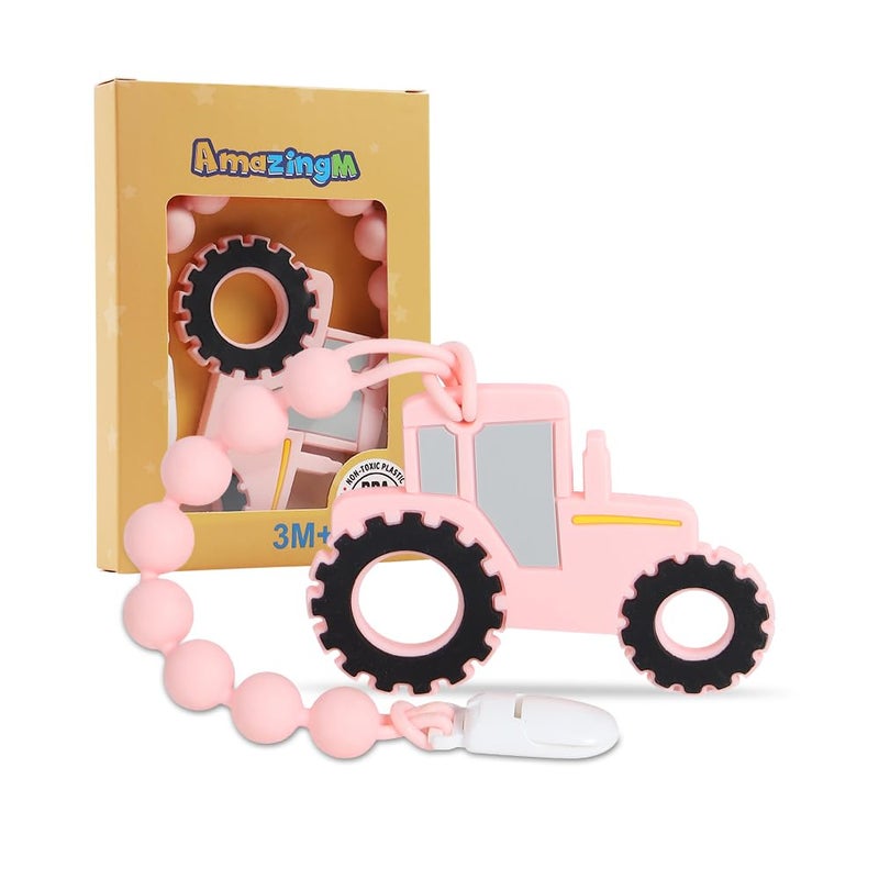 AmazingM Baby Food Grade Silicone Tractor Truck Teether Toy with One Piece Design Pacifier Clip HolderTeething Pain Relief Toys Gift Set for 3 Months Boys and GirlsFreezer SafeBPA Free Pink - Image 1
