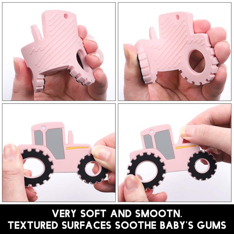 AmazingM Baby Food Grade Silicone Tractor Truck Teether Toy with One Piece Design Pacifier Clip HolderTeething Pain Relief Toys Gift Set for 3 Months Boys and GirlsFreezer SafeBPA Free Pink - Image 4