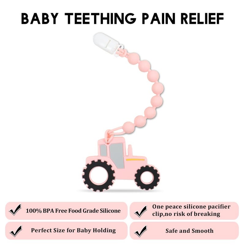 AmazingM Baby Food Grade Silicone Tractor Truck Teether Toy with One Piece Design Pacifier Clip HolderTeething Pain Relief Toys Gift Set for 3 Months Boys and GirlsFreezer SafeBPA Free Pink - Image 3