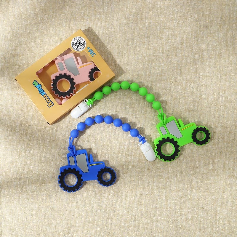 AmazingM Baby Food Grade Silicone Tractor Truck Teether Toy with One Piece Design Pacifier Clip HolderTeething Pain Relief Toys Gift Set for 3 Months Boys and GirlsFreezer SafeBPA Free Pink - Image 2