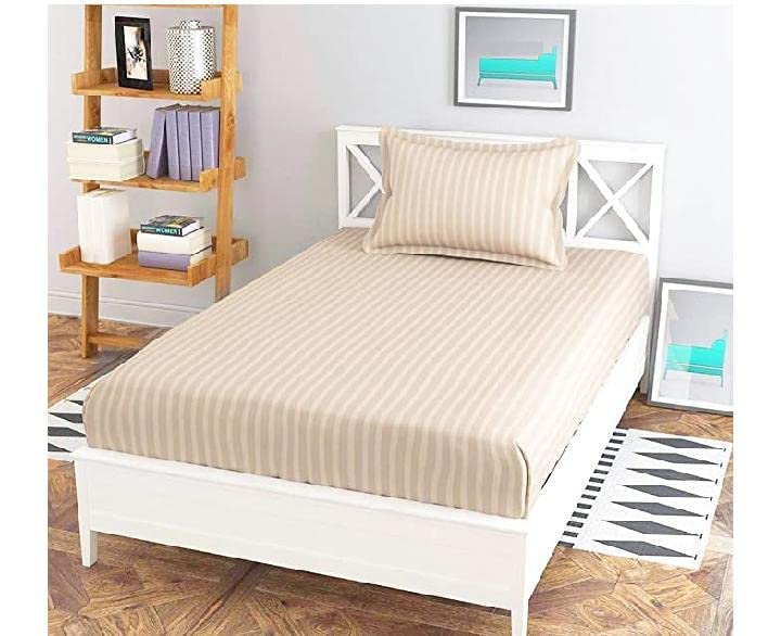 Castiqa Stripes Pattern Satin Fabric 200TC Single Bed Bedsheet Size-60x90inch with 1Pillow Cover-18x28inch (Beige)