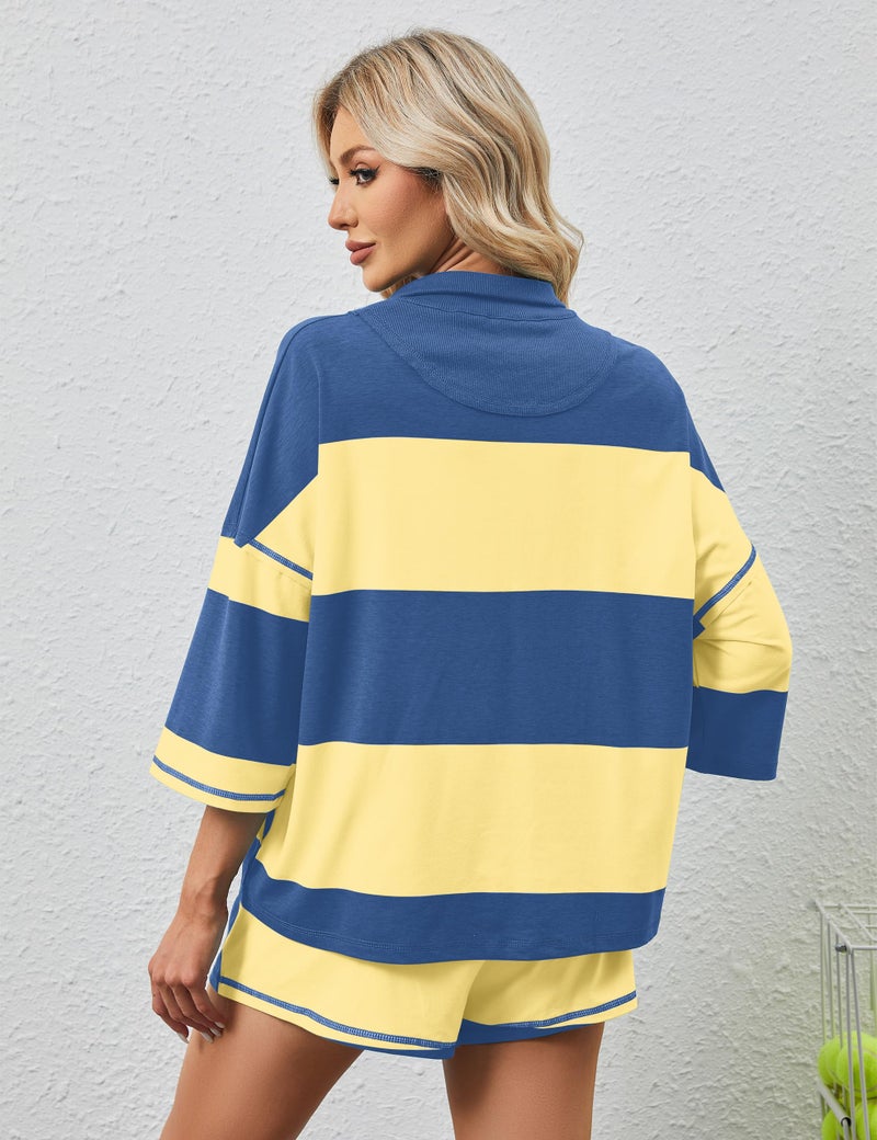 MISSACTIVER Womens 2 Piece Lounge Set Stripe Half Sleeve Oversized Shirts Shorts Summer Two Piece Workout Sets - Image 5