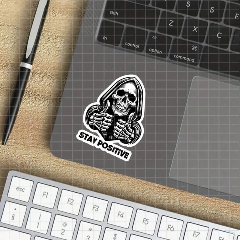 Polychrome 3 Inch Stay Optimistic Grim Reaper Sticker Thumbs Up Vinyl Decal - Image 3